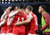 Para pemain Arsenal merayakan gol ke gawang Brighton