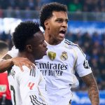 Vinicius Junior merayakan gol yang dicetak Rodrygo