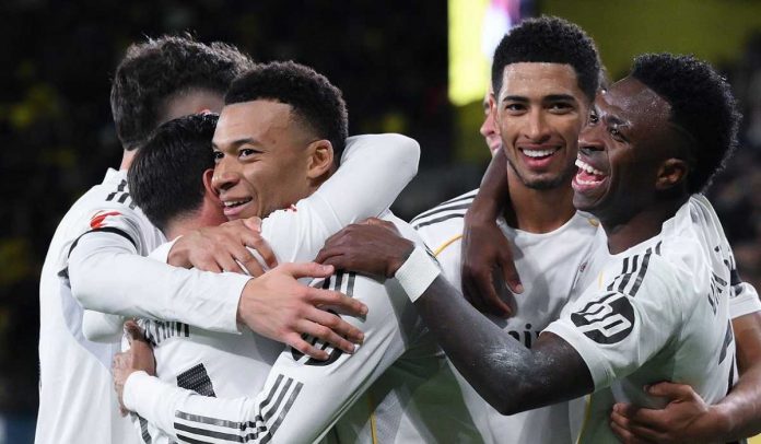 Para pemain Real Madrid merayakan gol yang dicetak Kylian Mbappe ke gawang Villarreal di La Liga