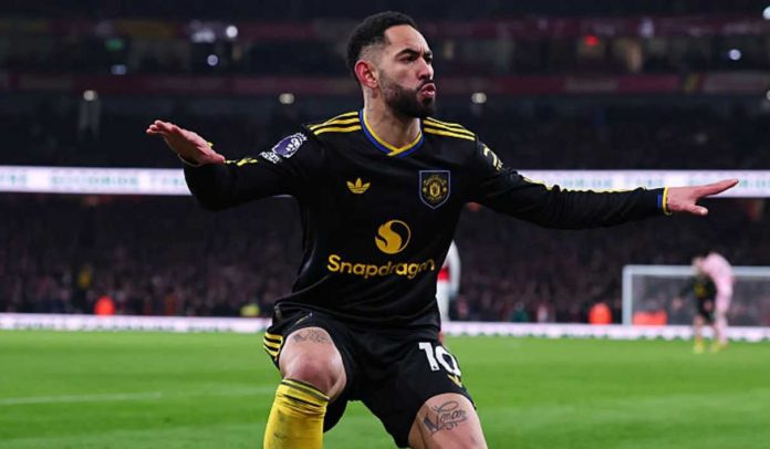 Selebrasi Matheus Cunha usai cetak gol di laga Arsenal vs Manchester United di Premier League