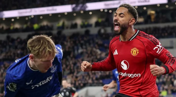 Matheus Cunha saat laga EVerton vs Manchester United