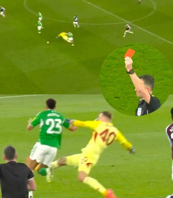 Momen saat Marco Bizot melakukan pelanggaran di tengah lapangan di laga Aston Villa vs Newcastle United di Piala FA