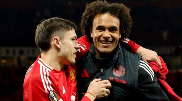 Manuel Ugarte dan Joshua Zirkzee pemain Manchester United Manuel Ugarte dan Joshua Zirkzee pemain Manchester United