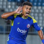 Gabriel Silva pemain Arema FC merayakan golnya ke gawang Persis Solo