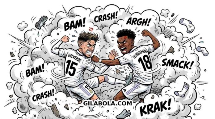 Ilustrasi Federico Valverde dan Aurelian Tchouameni berantem - GILABOLA.COM Ilustrasi Federico Valverde dan Aurelian Tchouameni berantem - GILABOLA.COM
