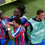 Jean-Philippe Mateta merayakan gol kemenangan Crystal Palace di Red Bull Arena