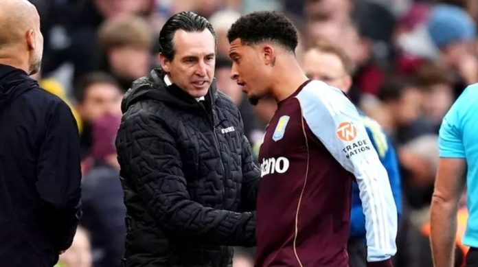 Pelatih Aston Villa Unai Emery dan Jadon Sancho