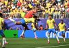 Erling Haaland saat mencetak gol pertamanya ke gawang Brasil