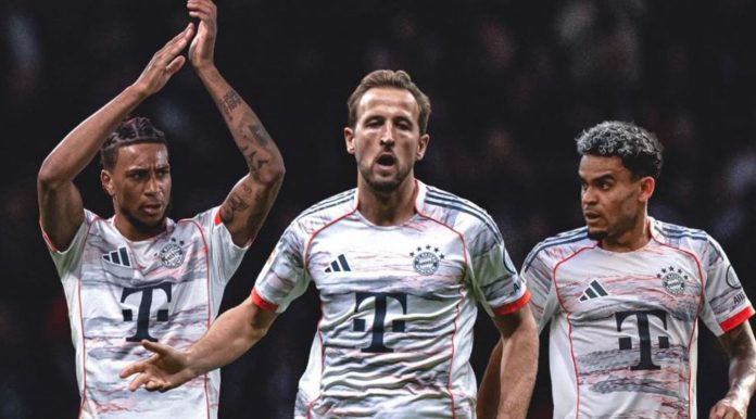 Michael Olise, Harry Kane dan Luis Diaz pemain Bayern Munchen