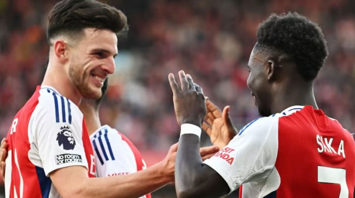 Bukayo Saka dan Declan Rice pemain Arsenal