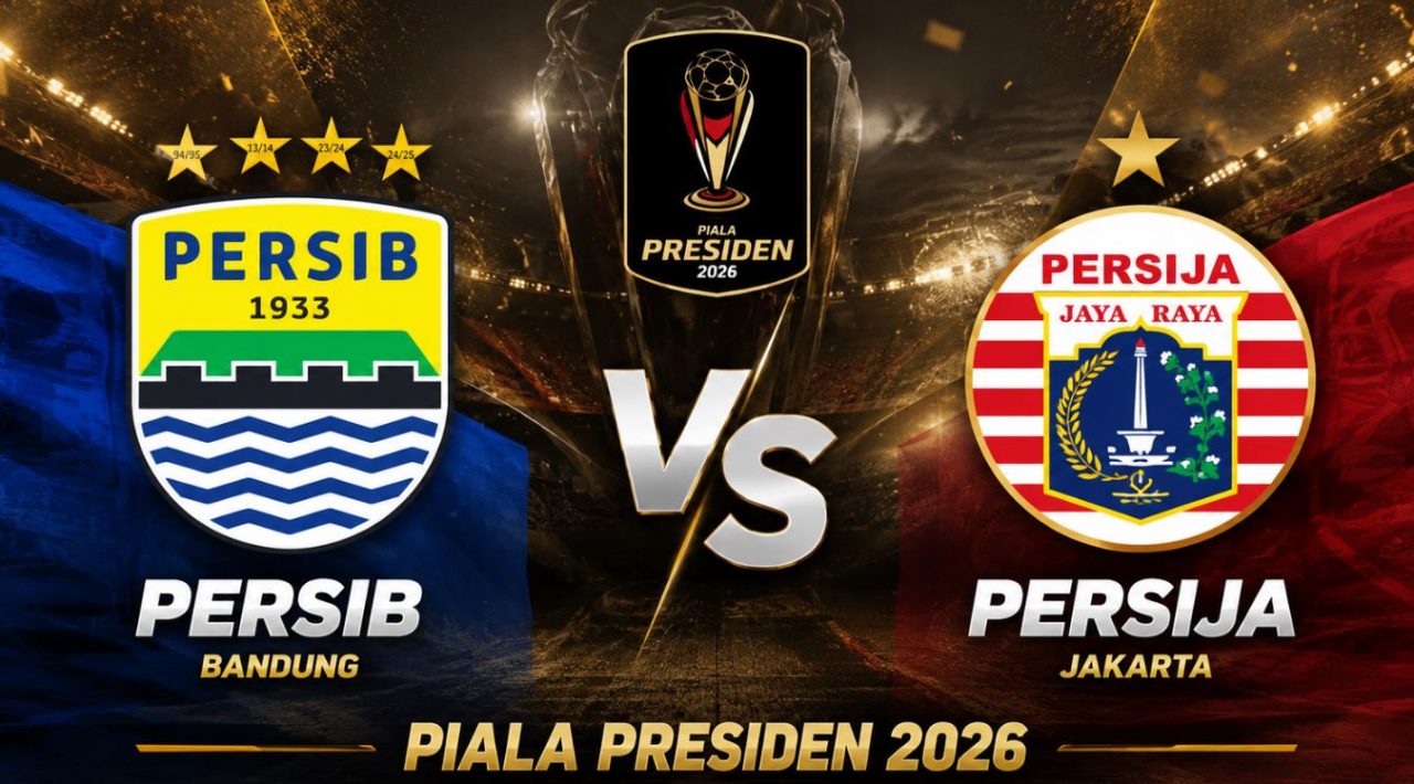 buat gambar dengan rasio 16:9, ada logo persib vs persija, background tema piala presiden 2026