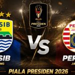 Prediksi Persib vs Persija di Semifinal Piala Presiden 2026: Dua Pemain Kunci Absen! buat gambar dengan rasio 16:9, ada logo persib vs persija, background tema piala presiden 2026