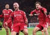 Pemain Liverpool merayakan kemenangan melawan Atletico Madrid di Anfield